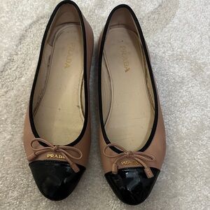 Prada Pink-Tan and Black Patent Cap-Toe Ballet Flats